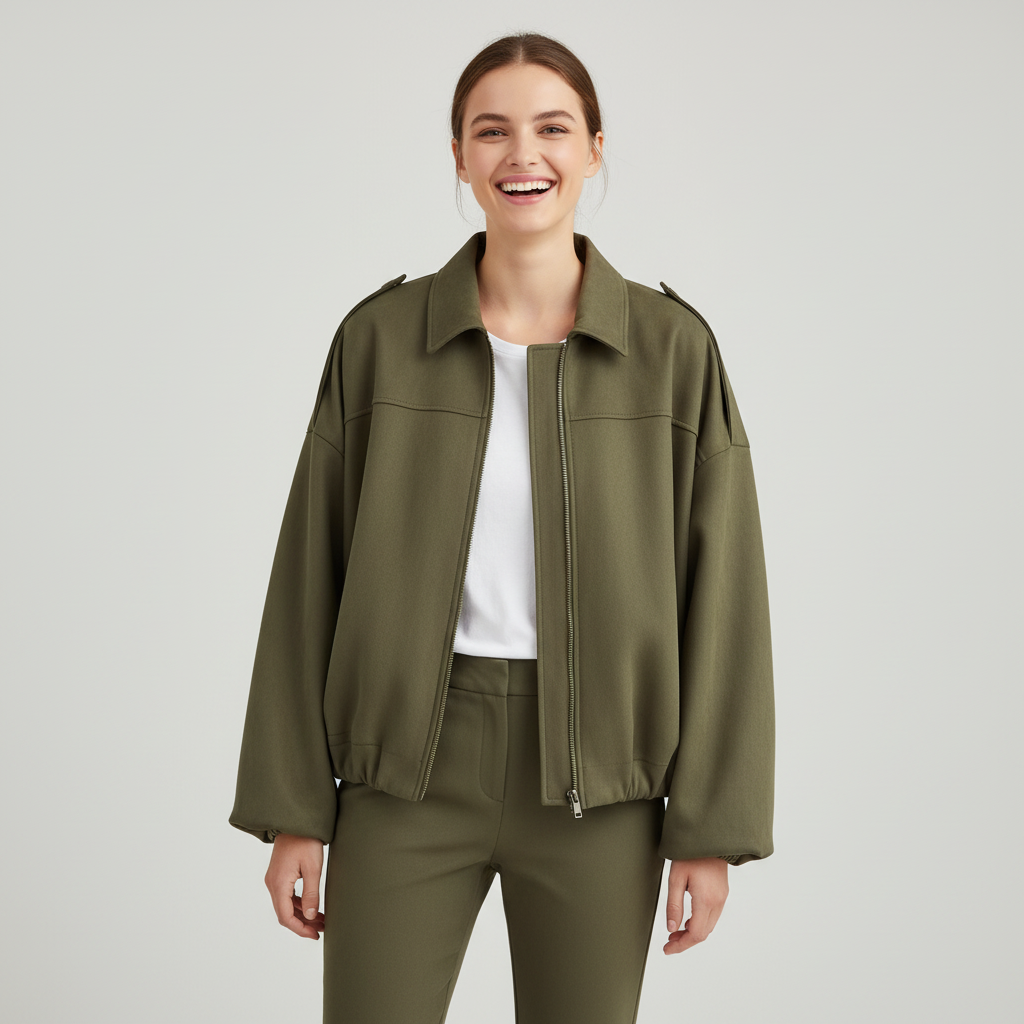 Ragazza Felice Cappotto Verde Militare